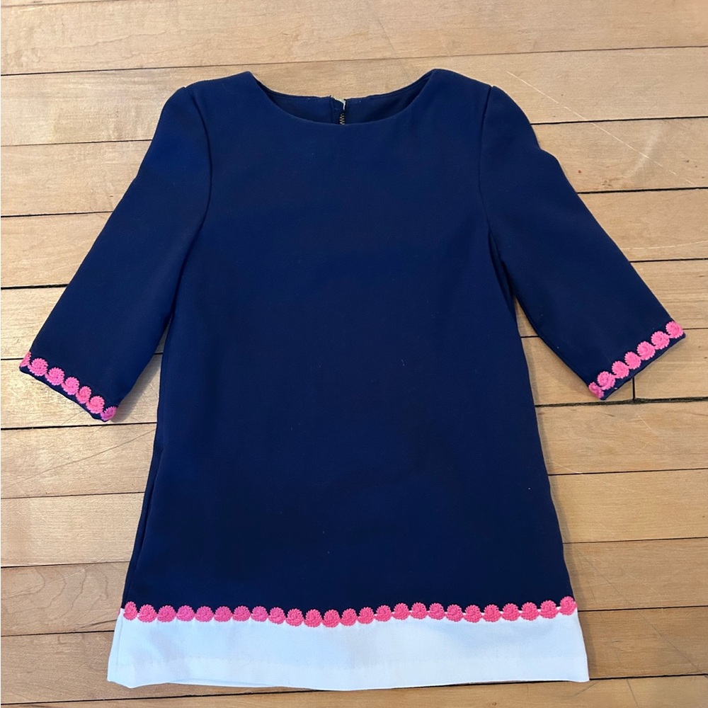 Toddler Vineyard Vines Navy color block shift Dress with Pink and White Trim